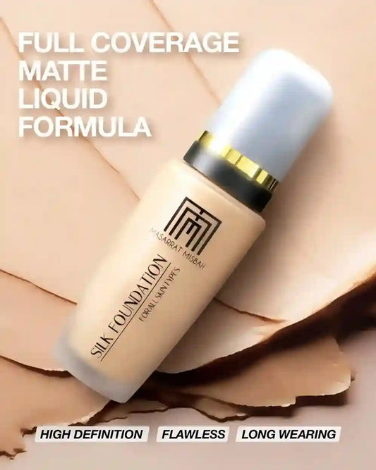Silk foundation bottle with text highlighting features on a beige background