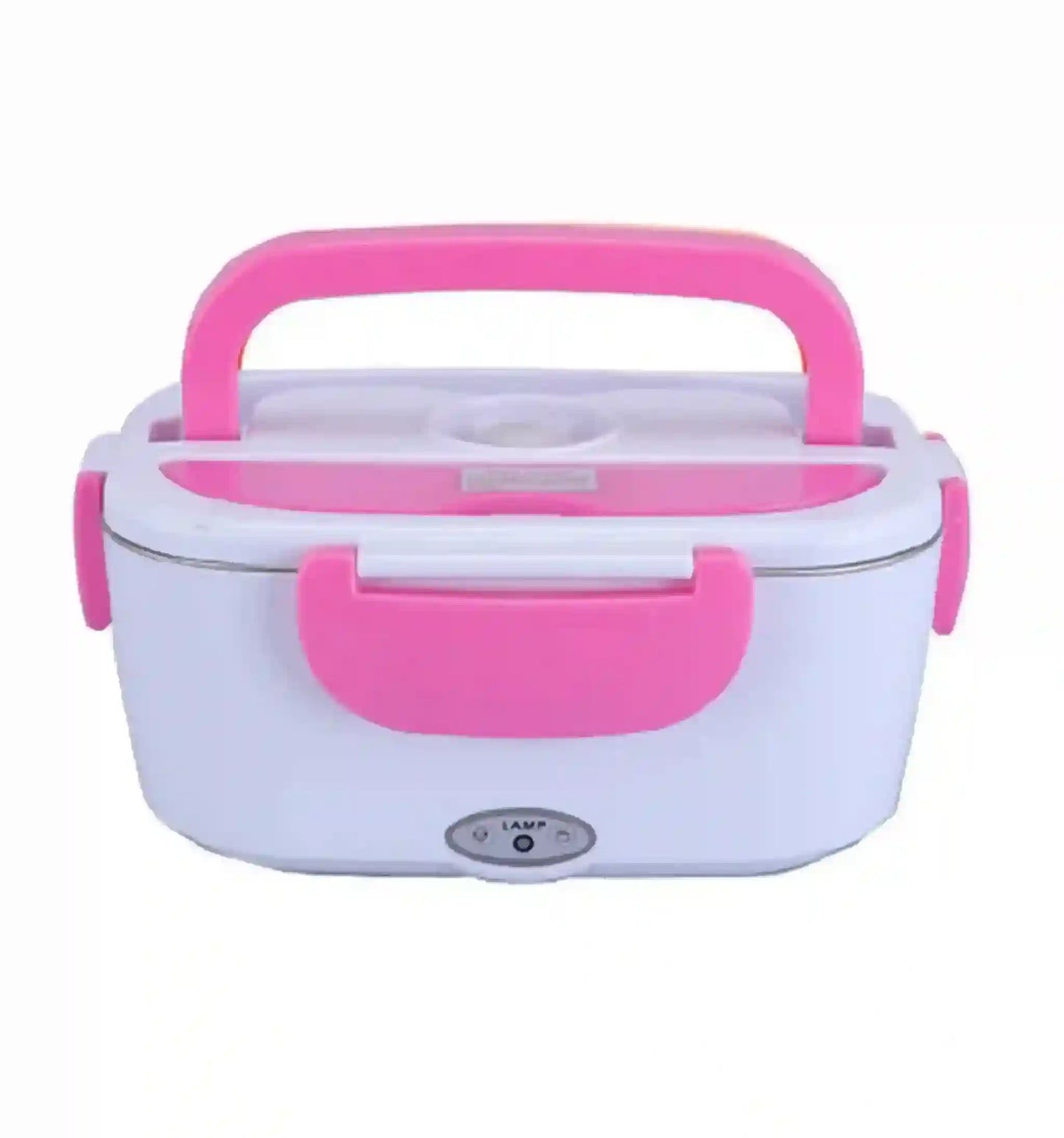White electric lunch box with pink handles on a white background