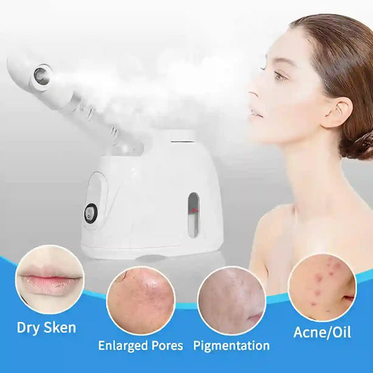 Woman using a skincare device with skin condition illustrations on a blue background