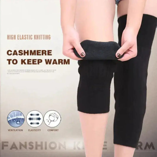 Person wearing black knee-high socks with text highlighting cashmere warmth and brand name.