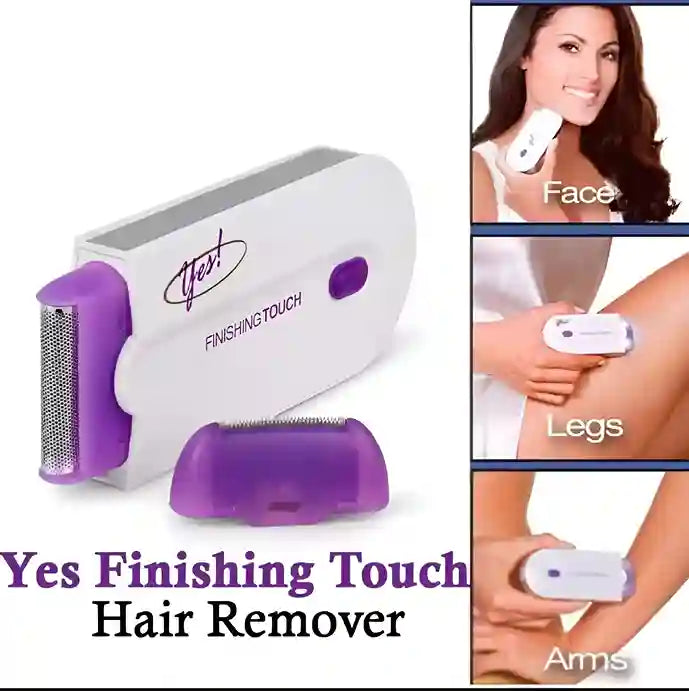 Yes Finishing Touch hair remover with usage examples on a white background
