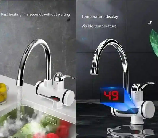 Electric kitchen faucet with temperature display and water flow features.