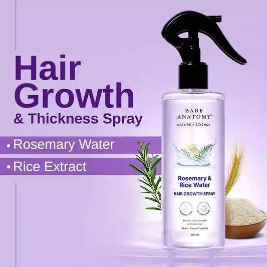 Hair growth spray bottle with ingredients on a purple background