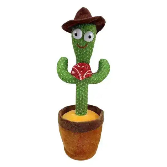 Toy cactus with a face, cowboy hat, and red heart in a pot on a white background
