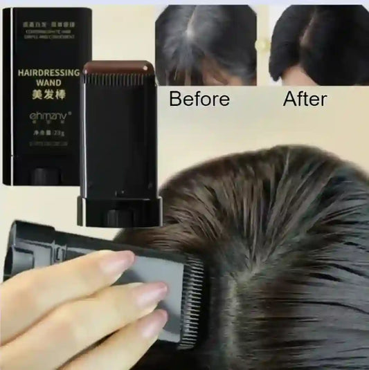 Hairdressing wand being used on hair with 'Before' and 'After' comparisons.