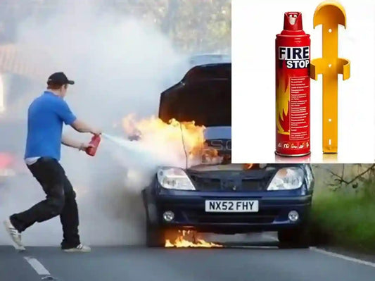 Person extinguishing flames from a car with a fire extinguisher, alongside a fire stop spray can.