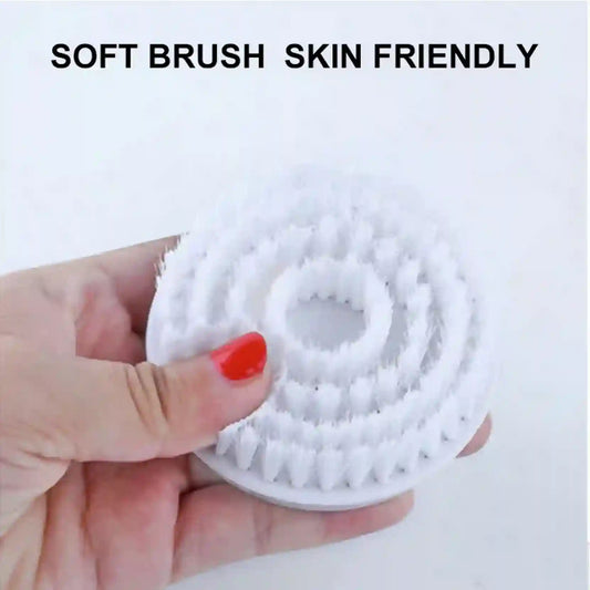 White soft brush held in a hand with text 'SOFT BRUSH SKIN FRIENDLY' on a white background
