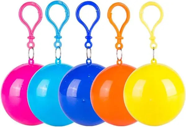 Set of five colorful keychain balls with keychains on a white background
