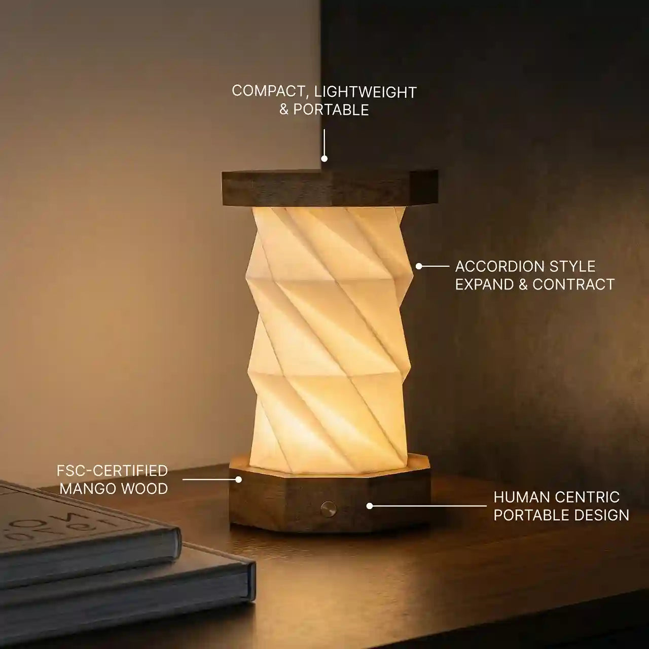 Portable Folding Wooden Table Lamp – Rechargeable Ambient Book Light