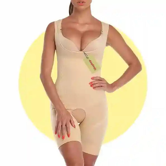 Woman wearing a beige shapewear bodysuit with a yellow circle background