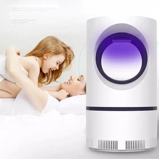 White electronic device with purple light on a white background