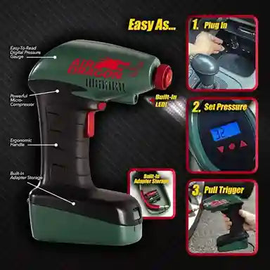 Air Compressor with features highlighted on a black background