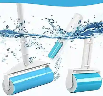 Cleaning roller with water splash effect on a blue background