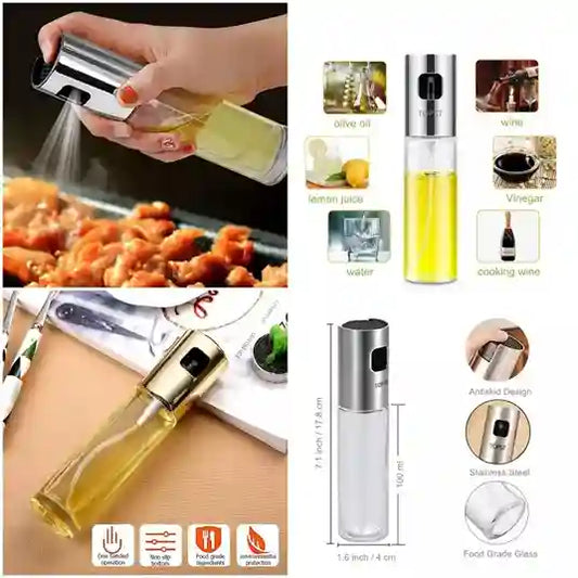 Olive oil spray bottle with uses and features displayed