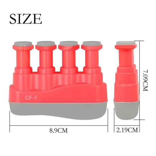 Red and gray hand exerciser with measurements on a white background