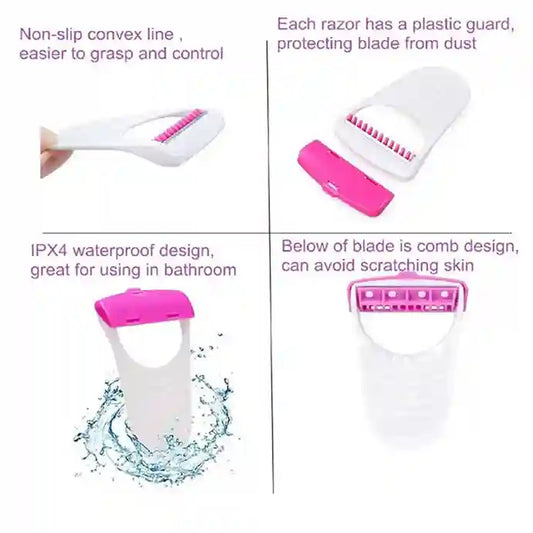 Product features including non-slip convex line, plastic guard, waterproof design, and comb design on a white background.