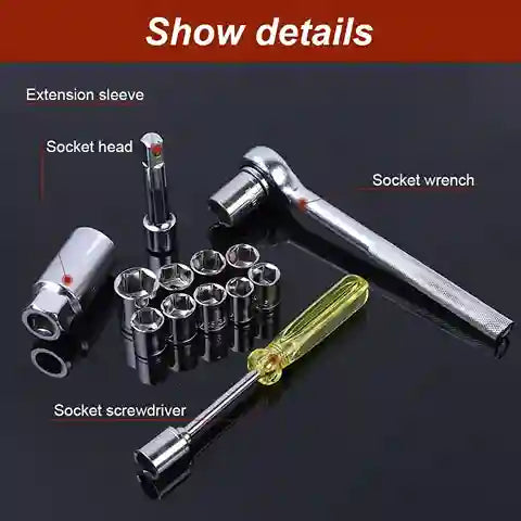 Set of socket wrench tools including extension sleeve, socket head, socket wrench, and socket screwdriver on a reflective surface.