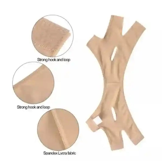 Beige shapewear with close-up details on hook and loop, spandex lycra fabric, and product design.