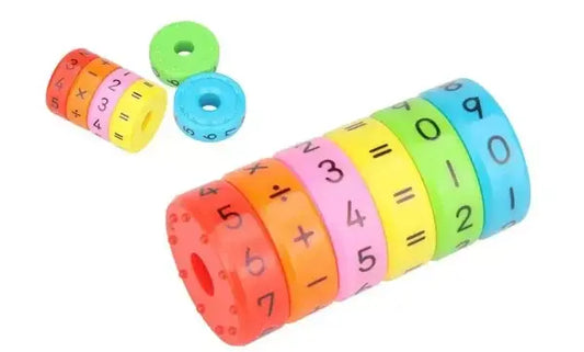 Colorful cylindrical toy with numbers and mathematical symbols on a white background