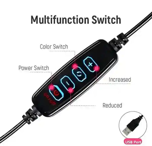 Multifunction switch with LED indicators and USB connection on a white background