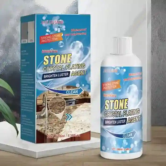 Stone crystal plating agent packaging and bottle on a neutral background