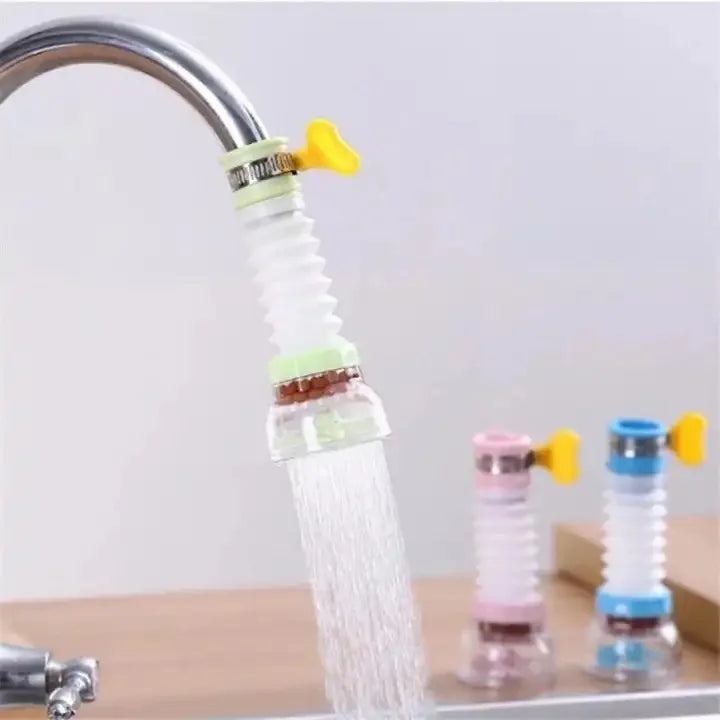 Colorful faucet filter attachments on a kitchen sink with water flowing.