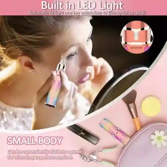 Makeup tool with LED light and small body design, shown with a woman using it.