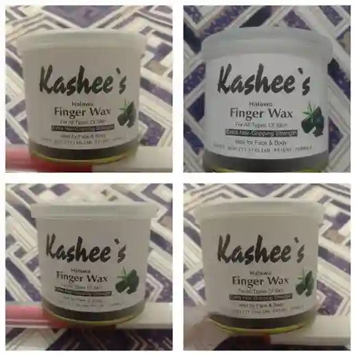 Four images of a container of Kashee's Finger Wax on a patterned background