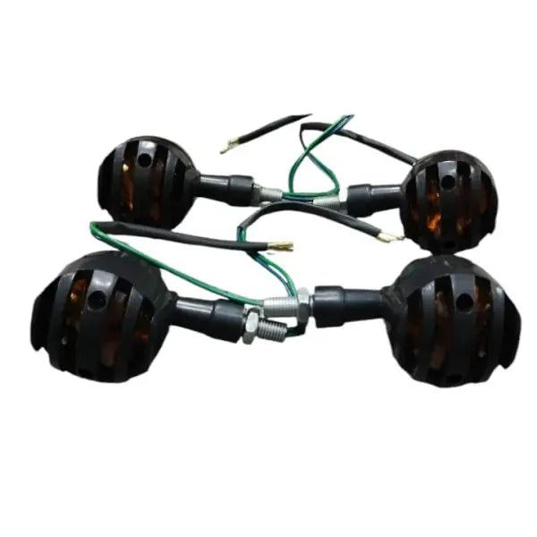 Set of motorcycle turn signals with wiring on a white background
