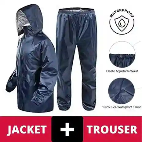Navy raincoat and pants set with waterproof features and elastic adjustable waist.