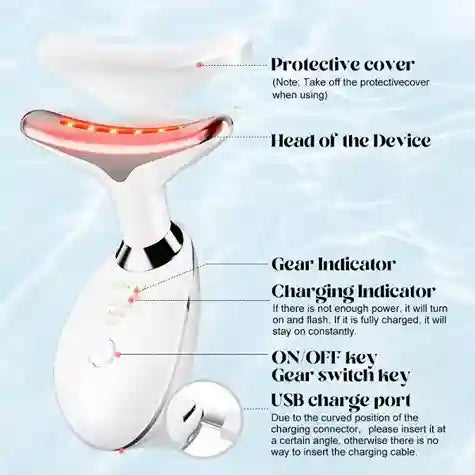 Device with labeled parts on a light blue background