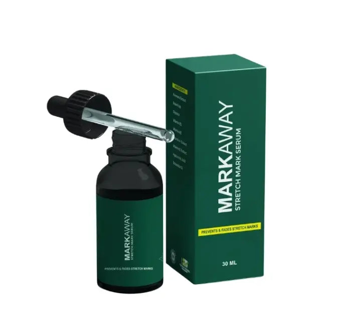 MARKAWAY stretch mark serum bottle and packaging on a white background
