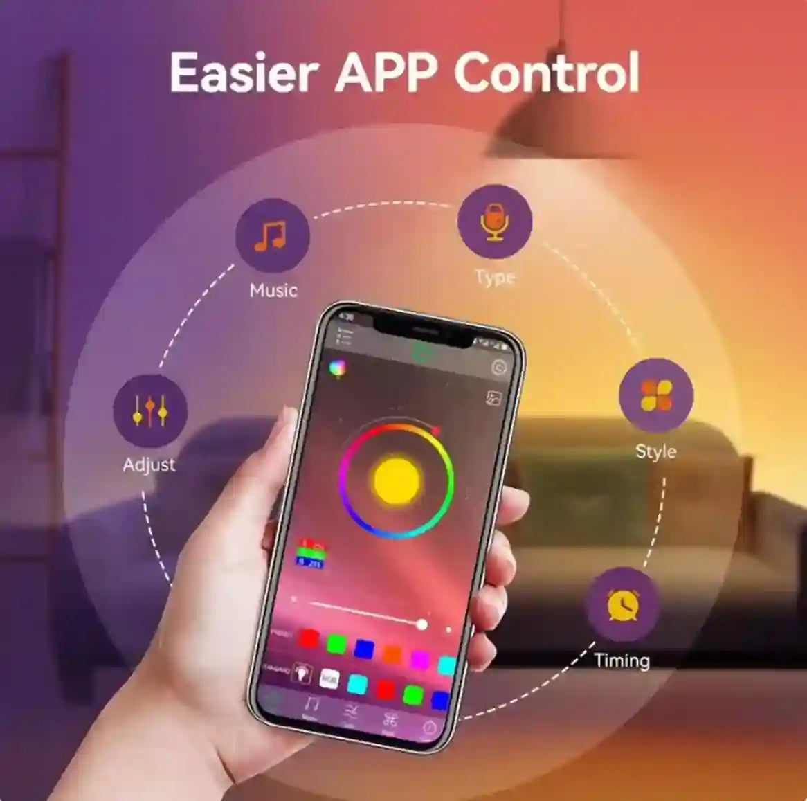 Hand holding a smartphone with app control interface, surrounded by icons and 'Easier APP Control' text.