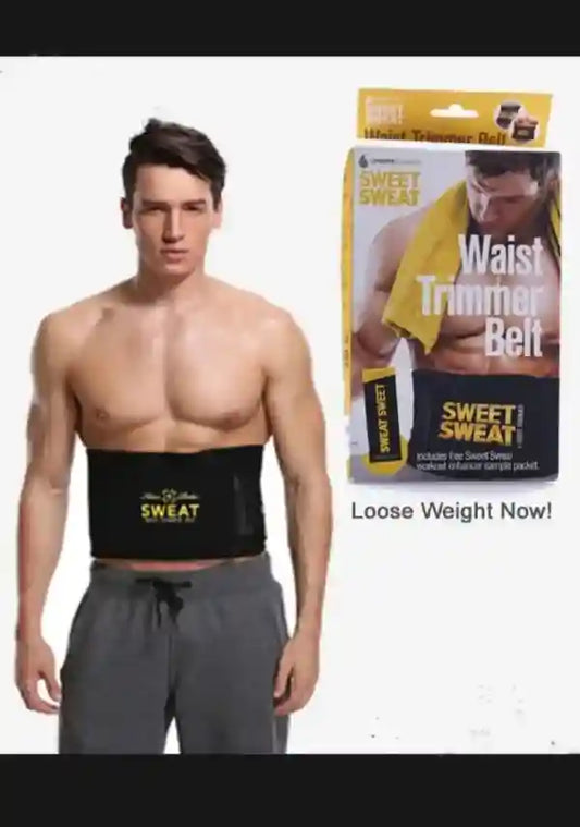 Man wearing a waist trainer belt with product packaging in the background
