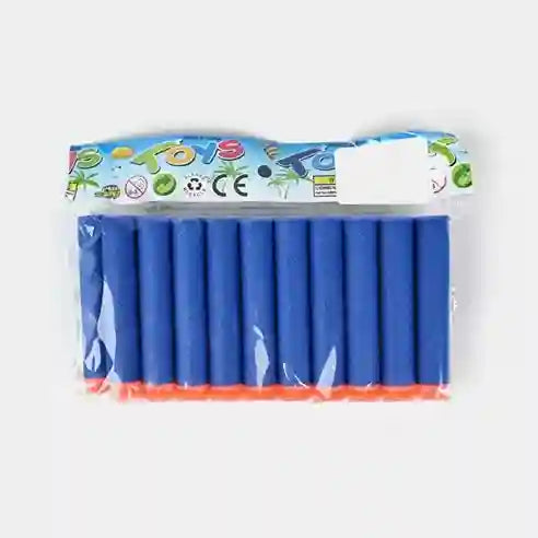 Pack of blue foam darts with a colorful 'Toys' label on a white background