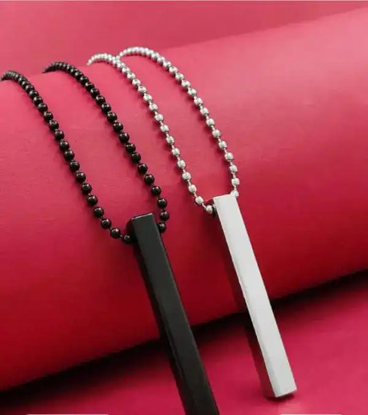 Two necklaces with bar pendants on a red background