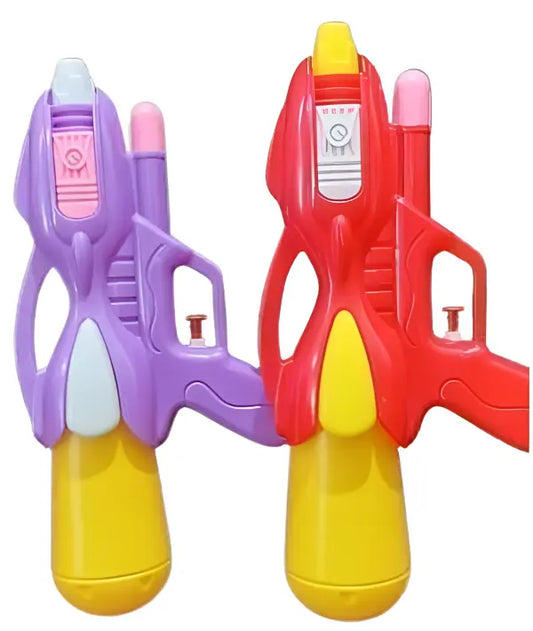 Two colorful toy water guns, one purple and yellow, one red and yellow, on a white background.