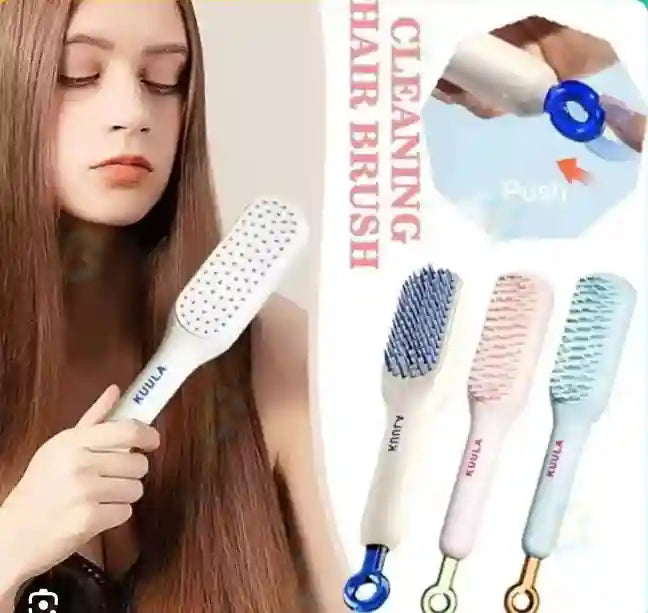Woman using a hairbrush with cleaning brush products displayed on the right.