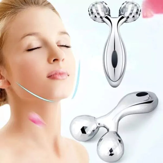 Woman using a facial massager with close-up of the device on a white background