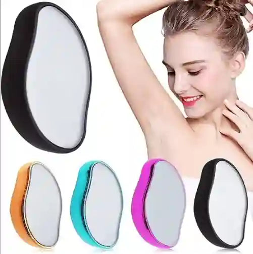 Woman examining her armpit with a hair removal device and color options displayed.
