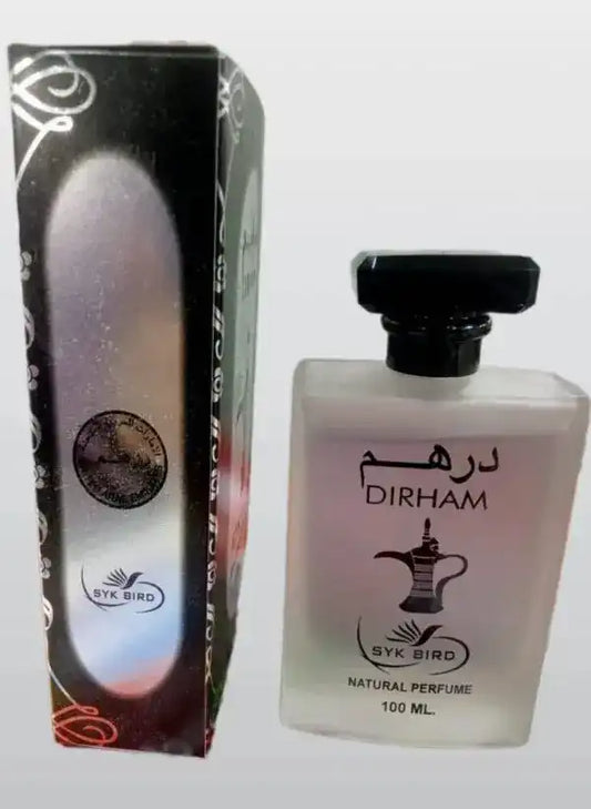 Perfume bottle and packaging with 'DIRHAM' branding on a white background
