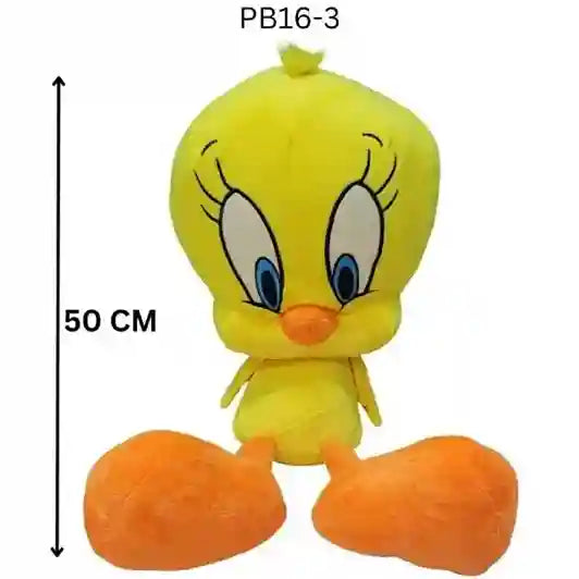 Plush toy of a cartoon character with dimensions indicated on a white background