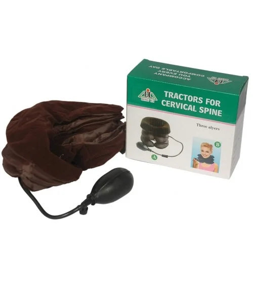 Brown inflatable neck support with packaging labeled 'Tractors for Cervical Spine' on a white background