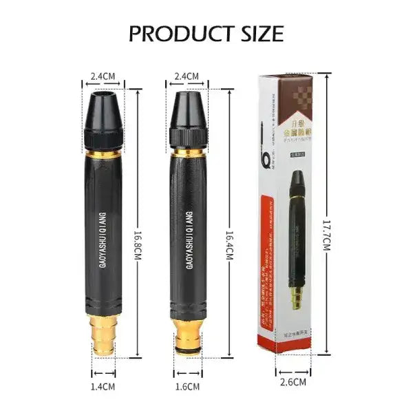 Black tattoo machine pen with gold accents and packaging, showing product size measurements.