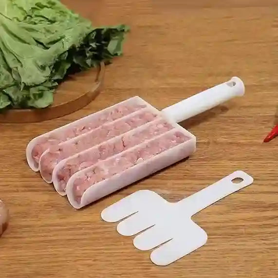 Pork sausage mold with a spatula on a wooden surface