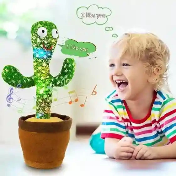 Toy cactus with animated face and child laughing