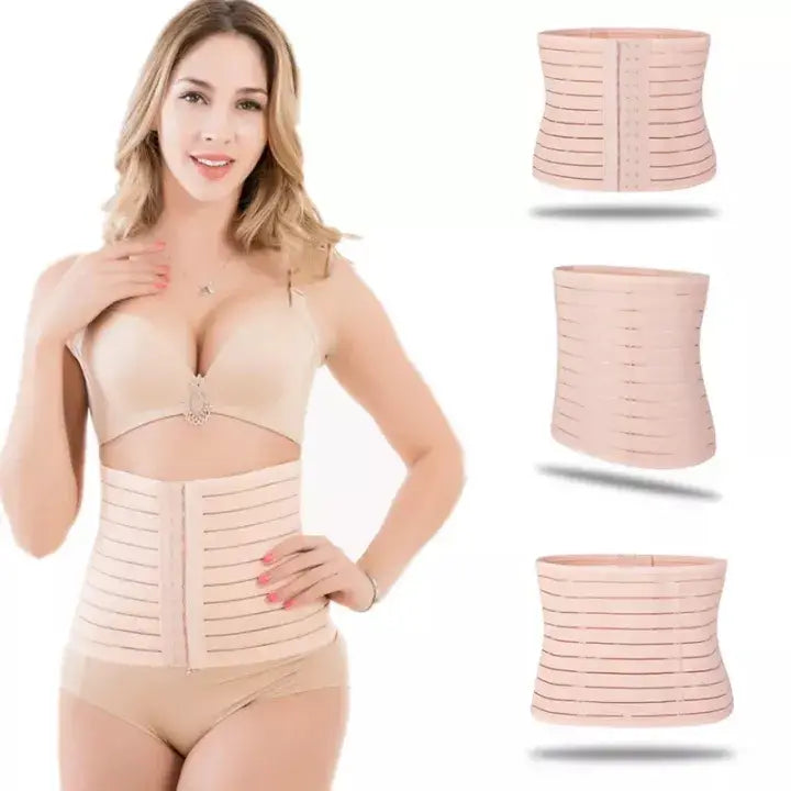 Woman wearing a beige compression garment with additional views of the product on a white background.