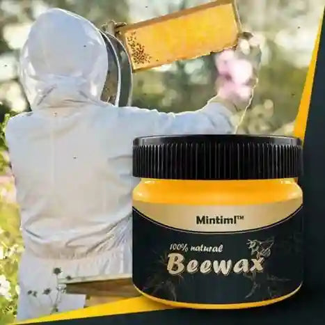 Jar of Mintimi beewax with a beekeeper in the background