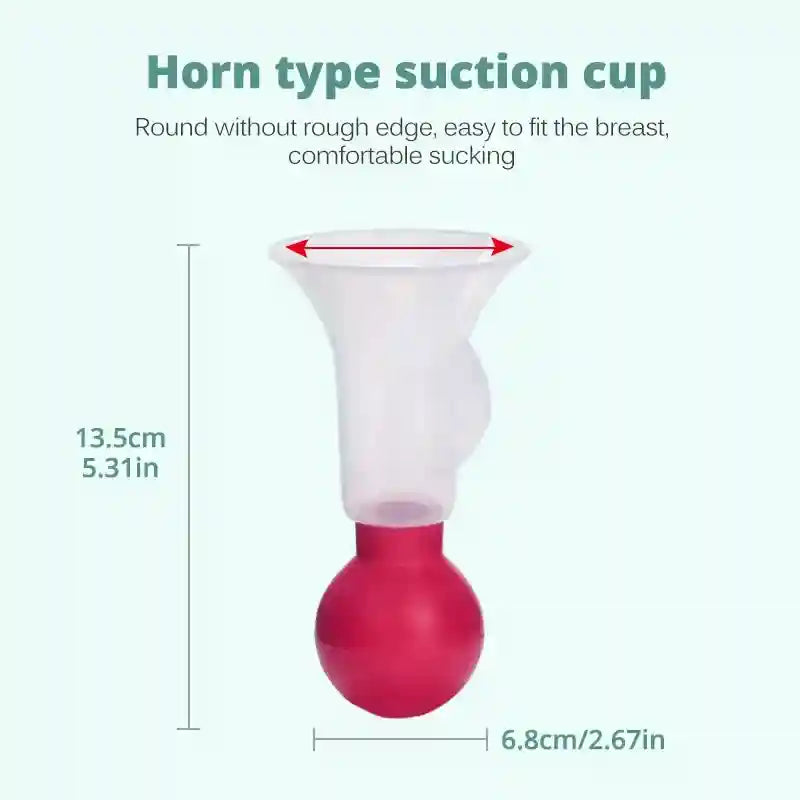 Horn type suction cup with measurements on a light green background
