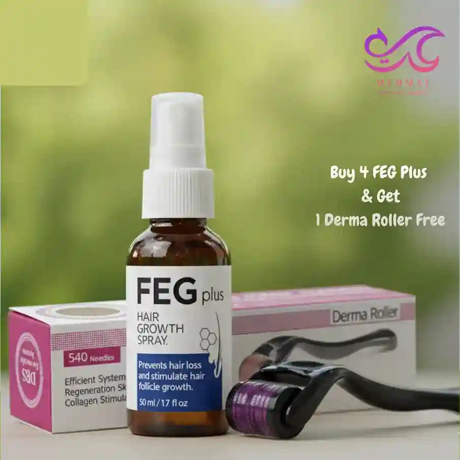 FEG Plus hair growth spray bottle with Derma Roller and boxes on a green background